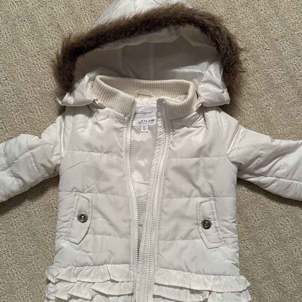 Starting Out Cream Hooded Jacket with Faux Fur
